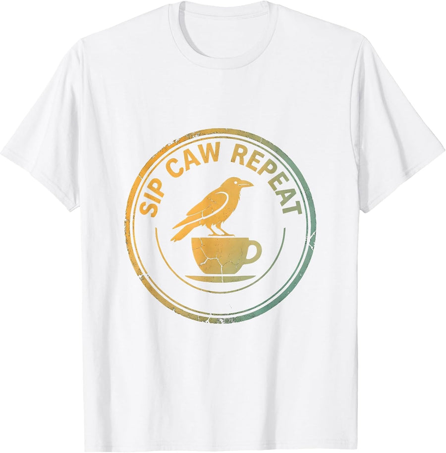 Men's Sip Caw Repeat Funny Crow Coffee Design T-Shirt - White