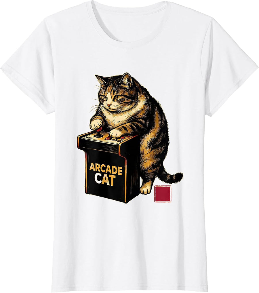 Women's Arcade Cat Playful Japanese Anime Cat Gamer Gift T-Shirt - White