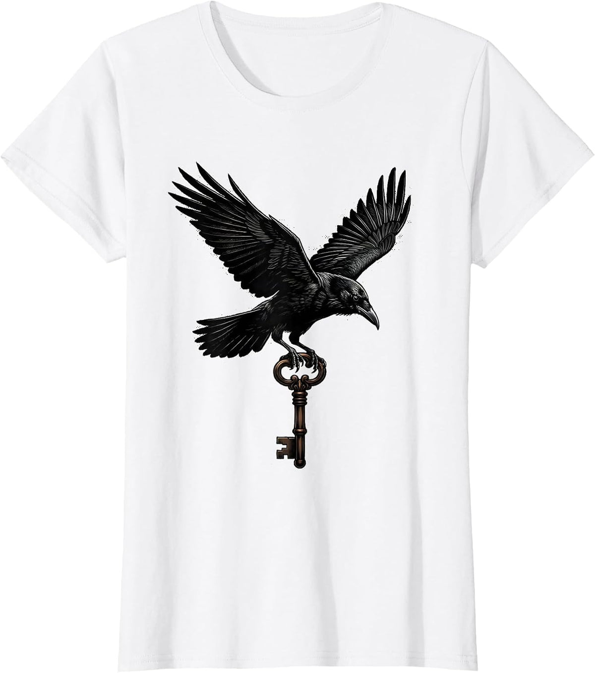 Women's Crow in Flight Clutching a Key Graphic Design T-Shirt - White