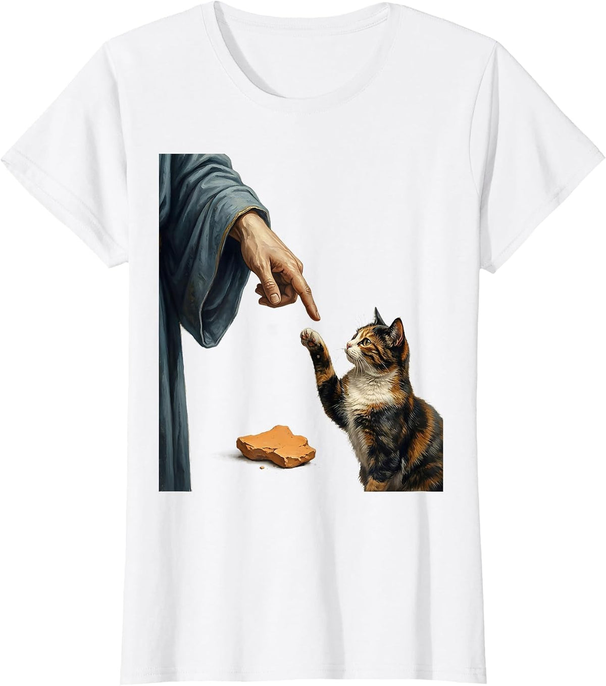 Women's Cat God Creation of Adam Parody Funny Cat Lover Gift T-Shirt - White