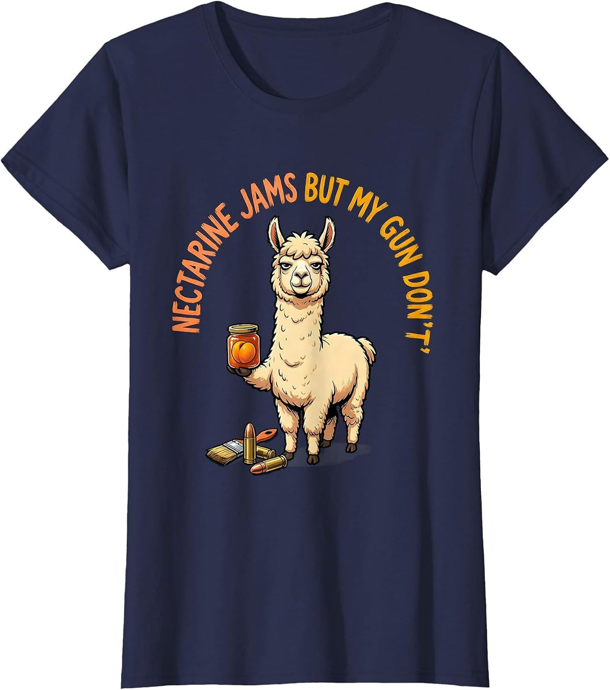 Women's Nectarine Jams But My Gun Don't Funny Llama Gun Lover T-Shirt - Navy Blue