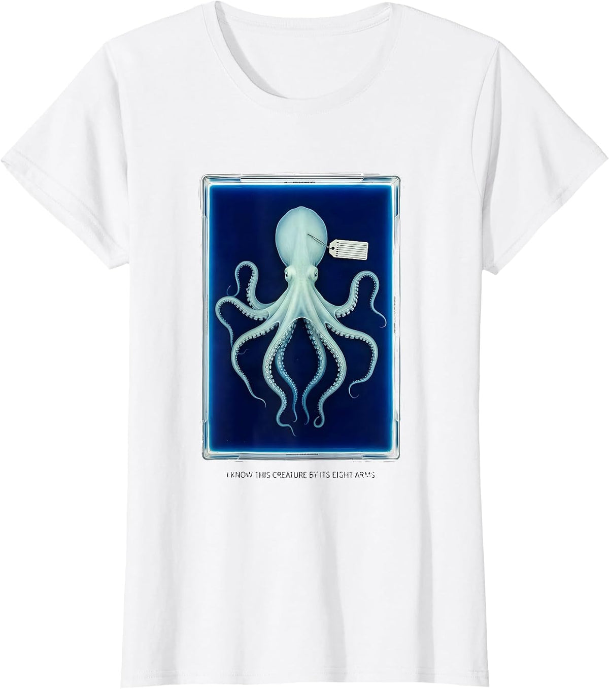 I Know This Creature By Its Eight Arms Cyanotype Octopus T-Shirt - White