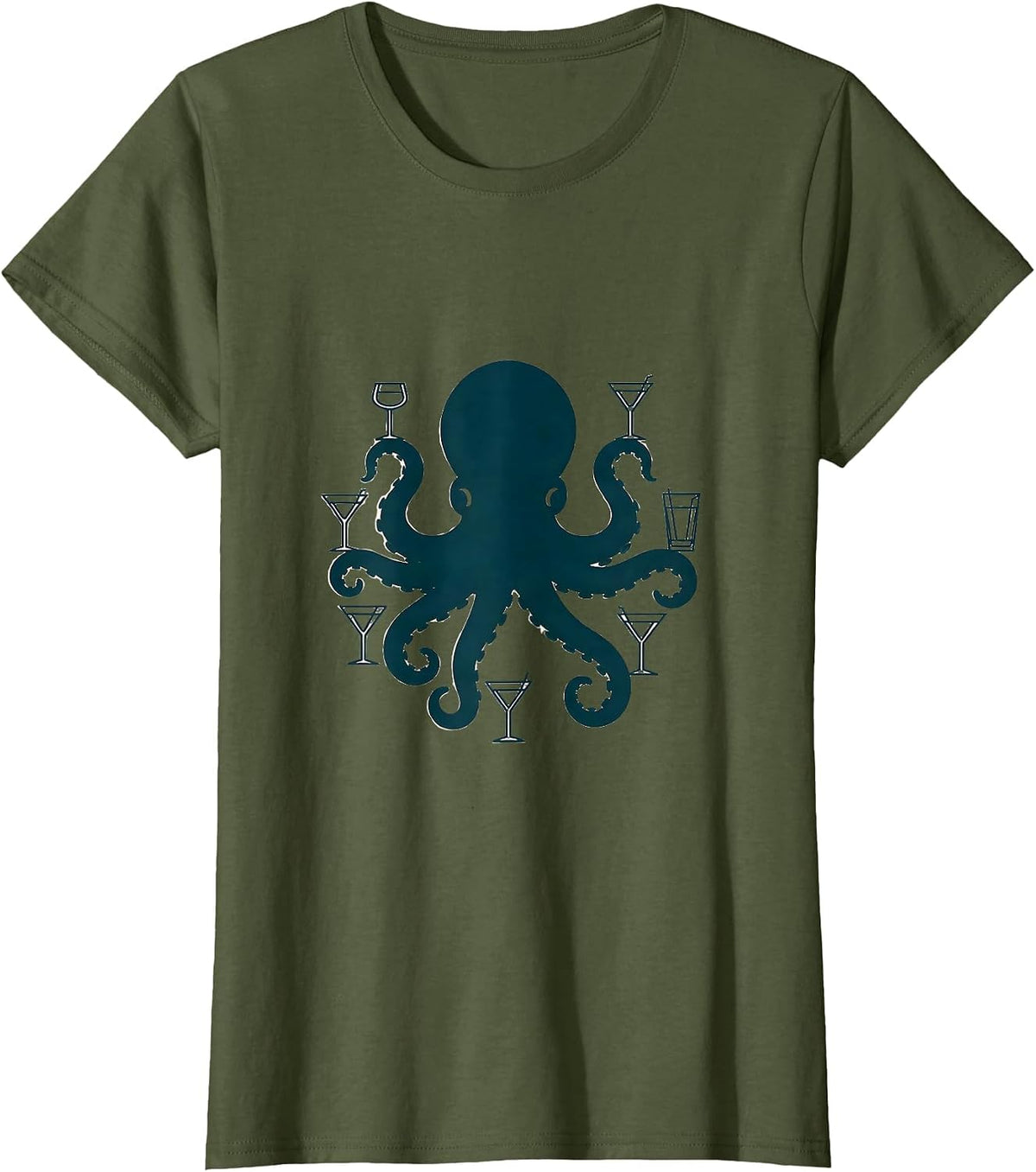 Women's Octopus Bartender Juggling Cocktail Glasses T-Shirt - Olive Green
