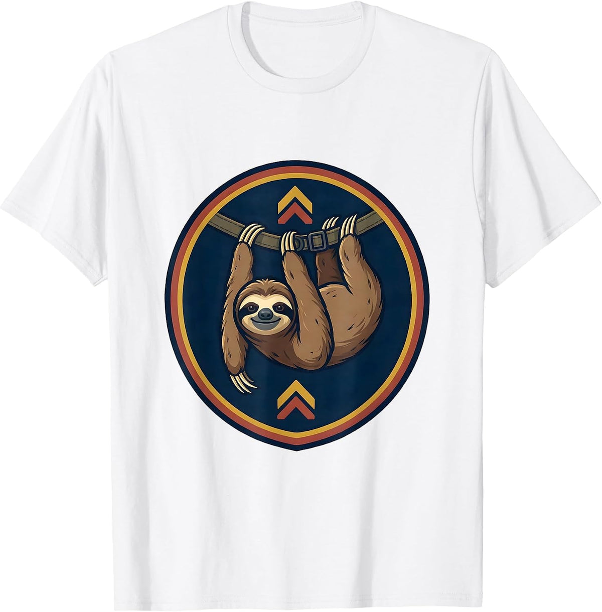 Men's Circular Shield Sloth Badge Hiking Backpack Emblem Humor T-Shirt - White
