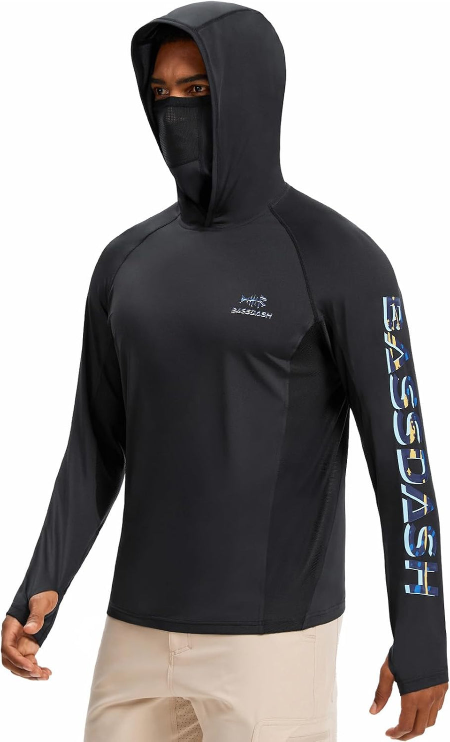 BASSDASH Men’s UPF 50+ Graphic Fishing Hoodie Shirts with Mask Pocket UV Long Sleeve Moisture Wicking FS47M - Black\/Blue