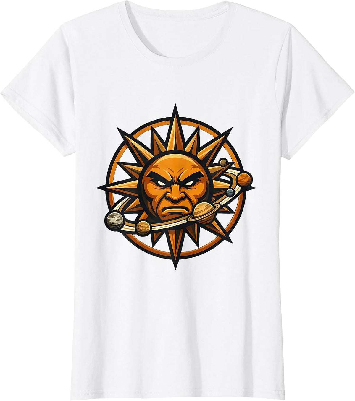 Women's Six Planets Orbiting a Blazing Sun Space Design T-Shirt - White
