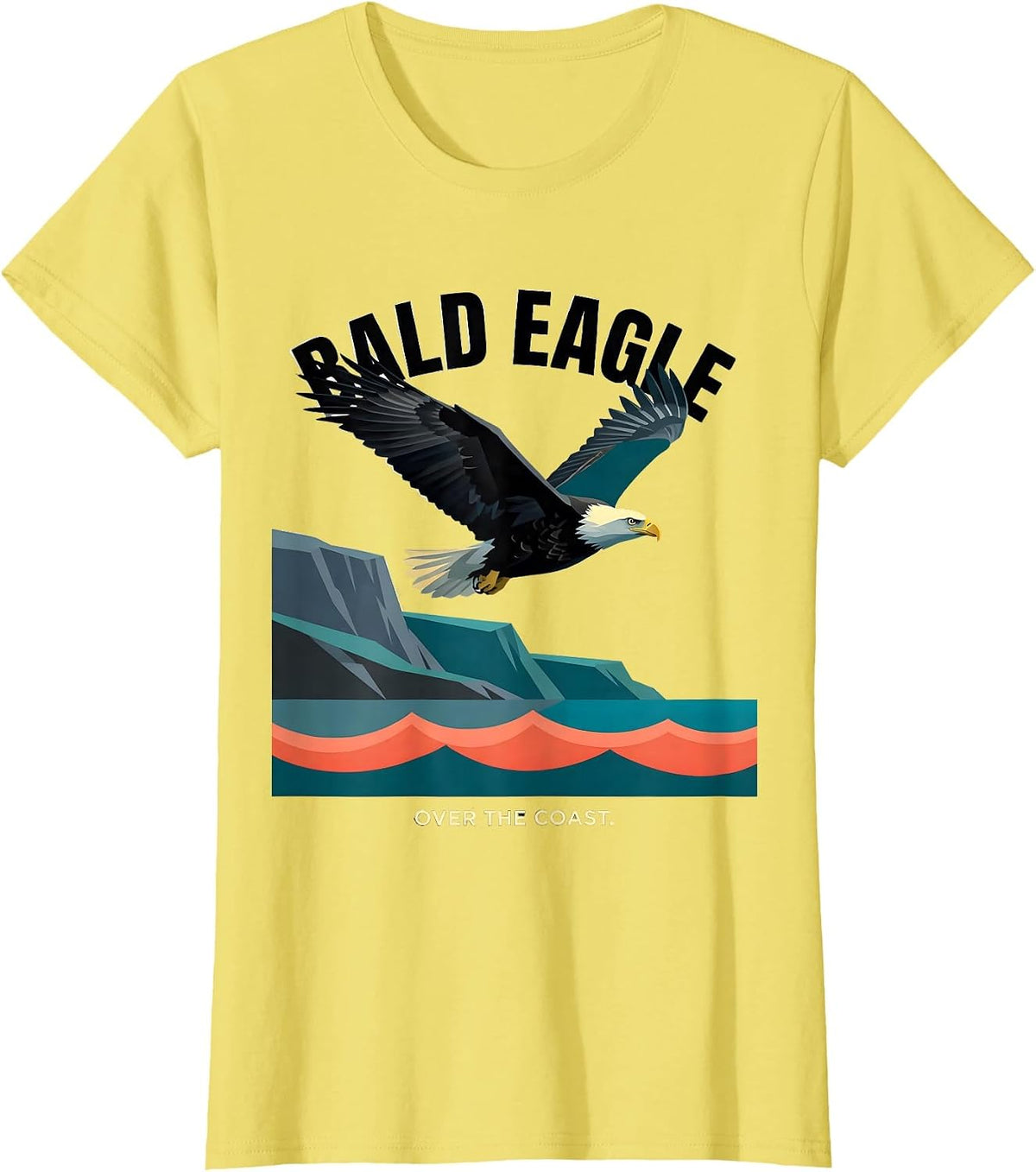 Bald Eagle Over The Coast Flat Vector Nature Wildlife T-Shirt - Lemon Yellow