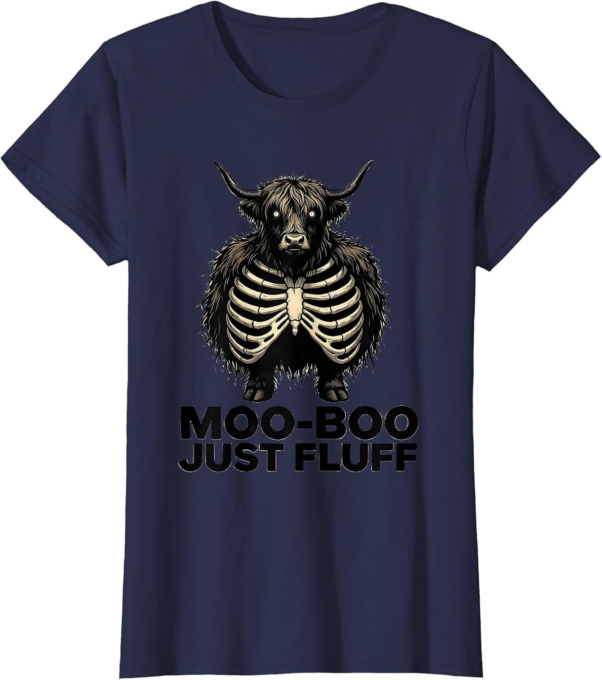 Women's Moo-BOO, Just Fluff Cute Highland Cow Halloween Fall Costume T-Shirt - Navy Blue