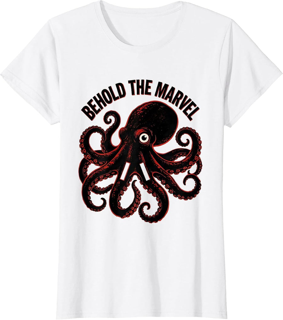 Women's Behold The Marvel Stencil Octopus Sea Creature Ocean Lover T-Shirt - White