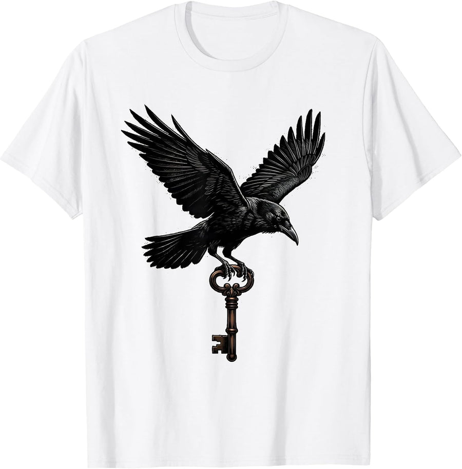 Men's Crow in Flight Clutching a Key Graphic Design T-Shirt - White