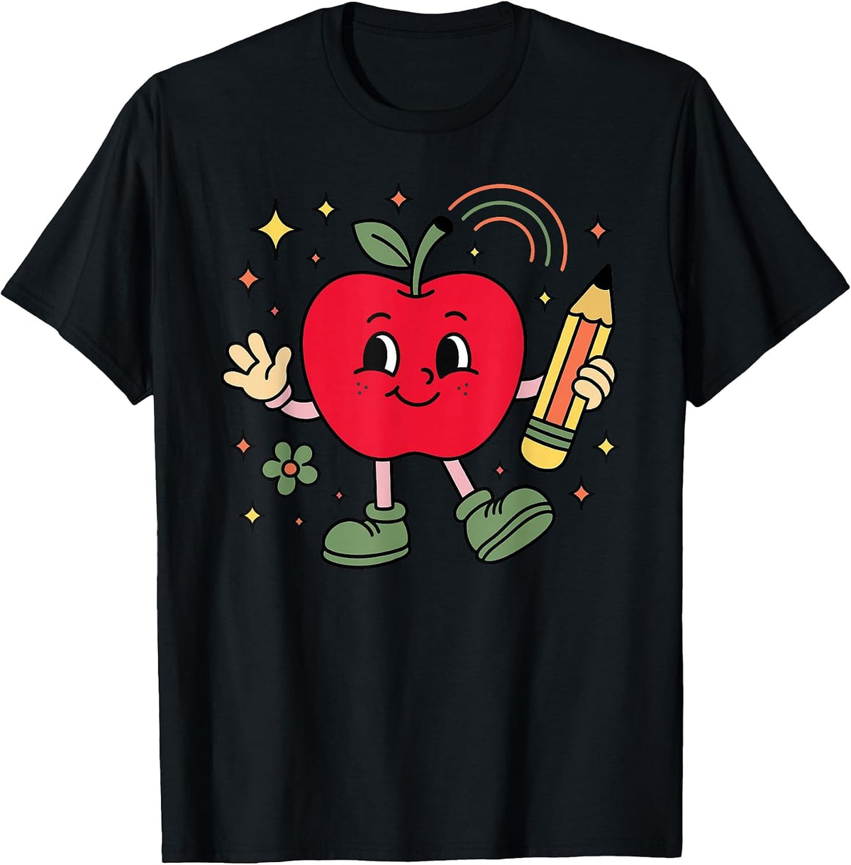 Retro School Apple with Face and Teacher’s Pencil T-Shirt - Black