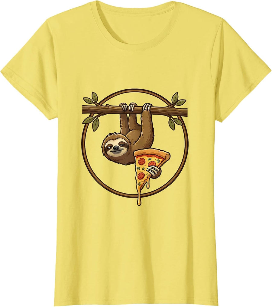 Funny Sloth Hanging From Branch Eating Pizza T-Shirt - Lemon Yellow