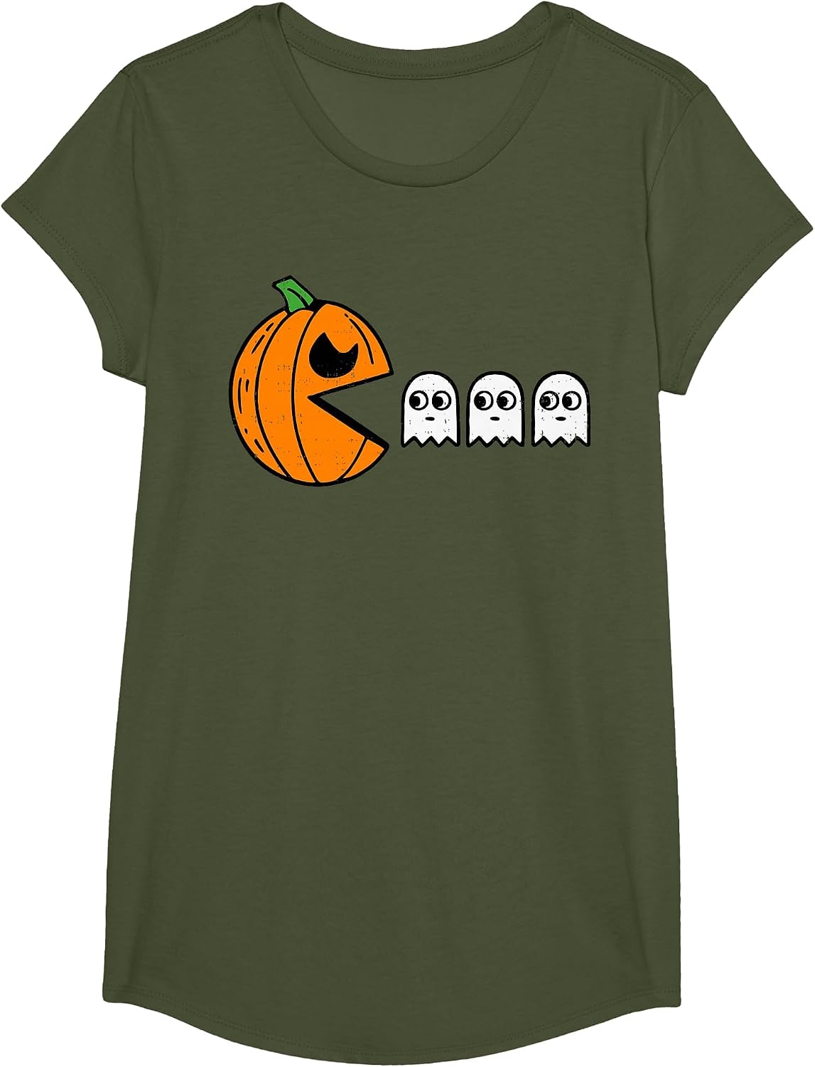 Pumpkin Eating Ghost Gamer Halloween Gaming Boys Teen Kids T-Shirt - Girls Olive Green