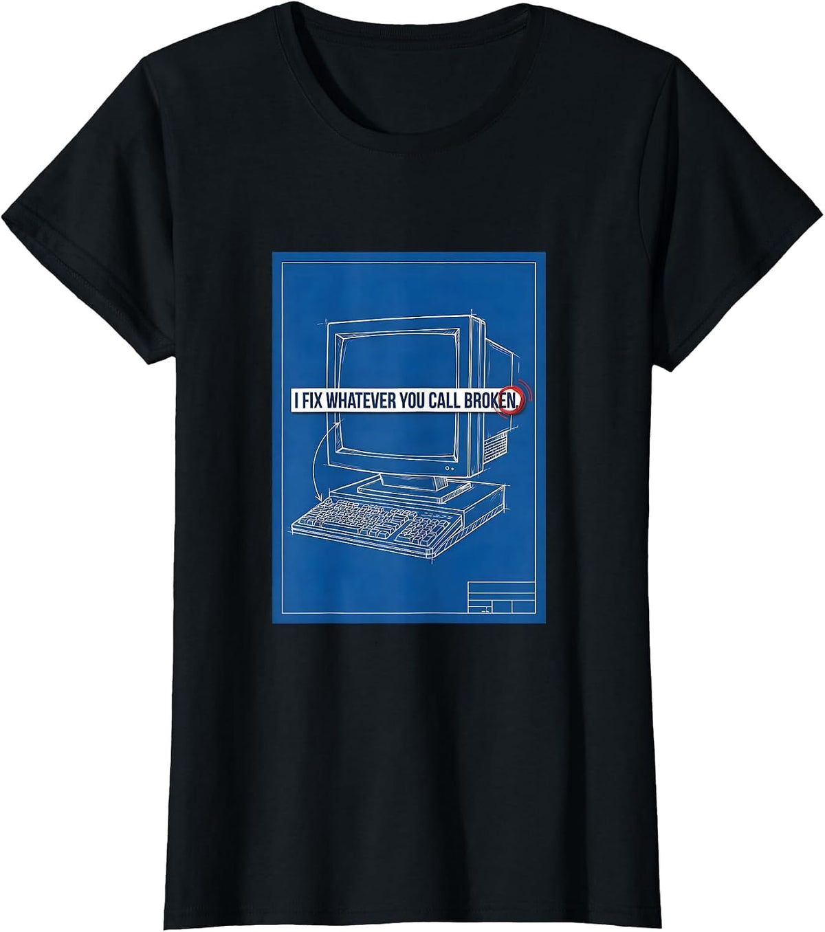 Women's I Fix Whatever You Call Broken Technical Blueprint IT Tech T-Shirt - Black
