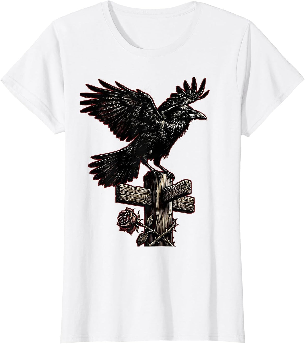 Crow Perched on Old Wooden Signpost Design T-Shirt - White