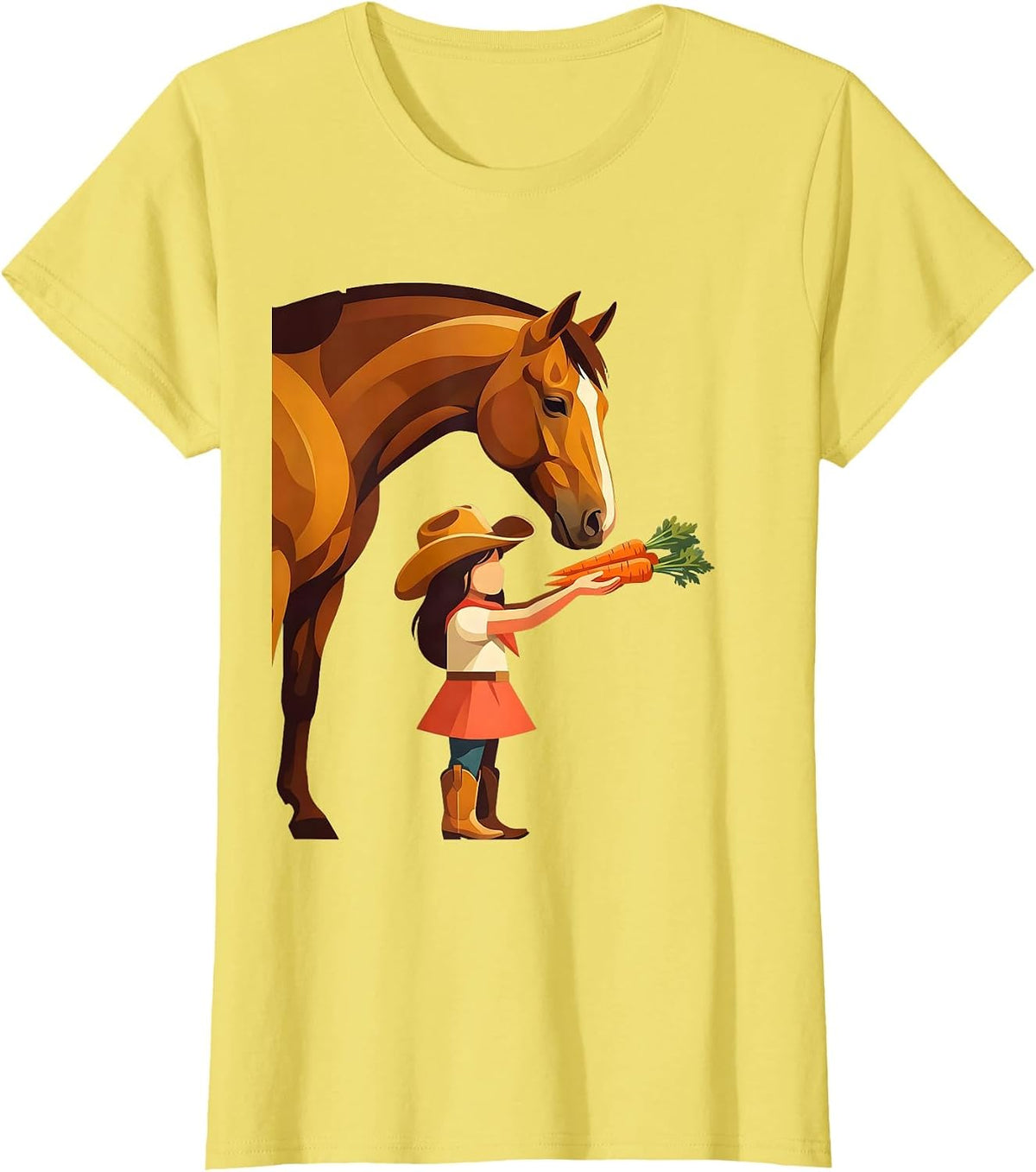 Cowgirl Feeding Horse Carrots Graphic Tee T-Shirt - Lemon Yellow