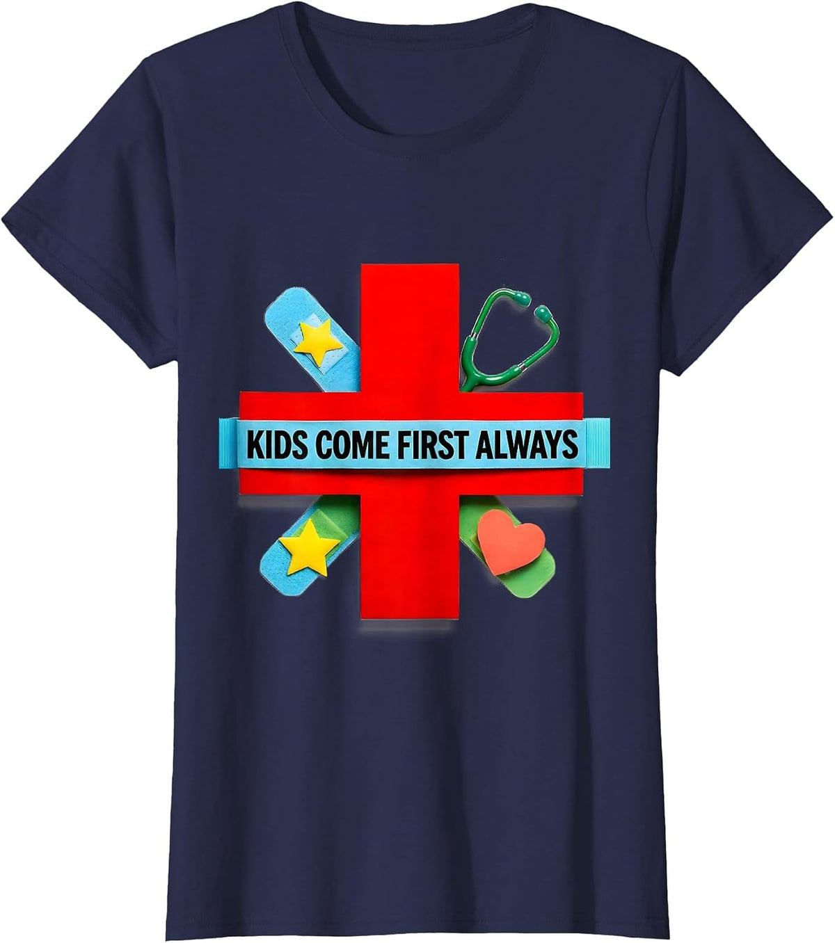 Women's Kids Come First Always School Nurse Design T-Shirt - Navy Blue