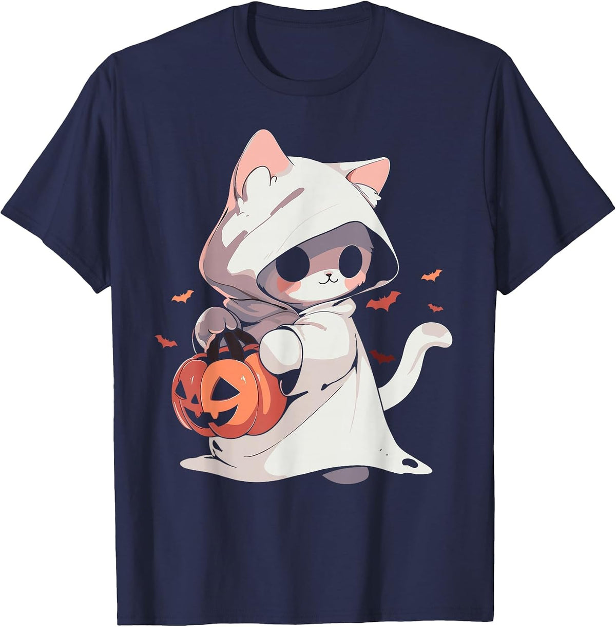 Cat Ghost Kawaii Neko Anime Halloween Costume Pumpkin Lover T-Shirt - Navy Blue