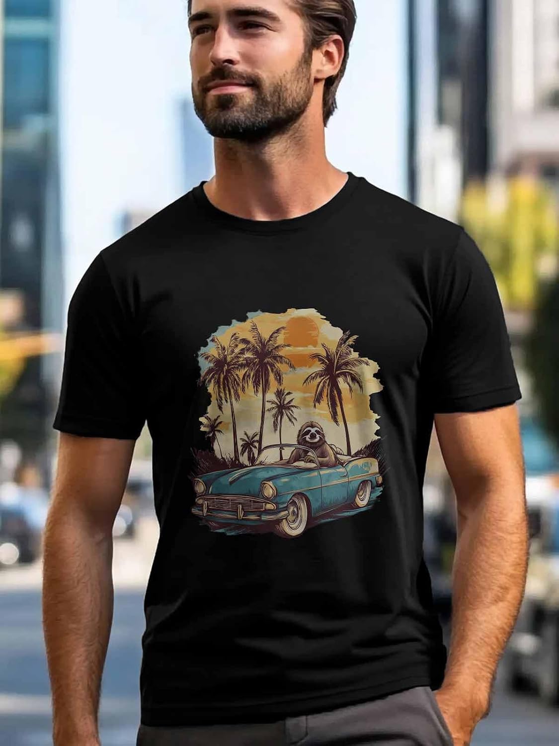 Men's T-Shirt Sloths with A Convertible Graphic Tees Cotton Crew Neck Men's Short Sleeve Basic Tshirts M - size chart