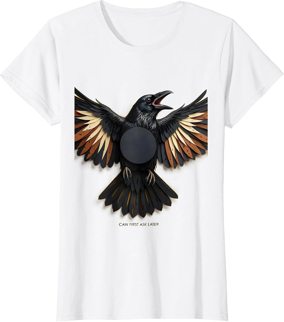 Women's Caw First Ask Later Bold Crow Design T-Shirt - White