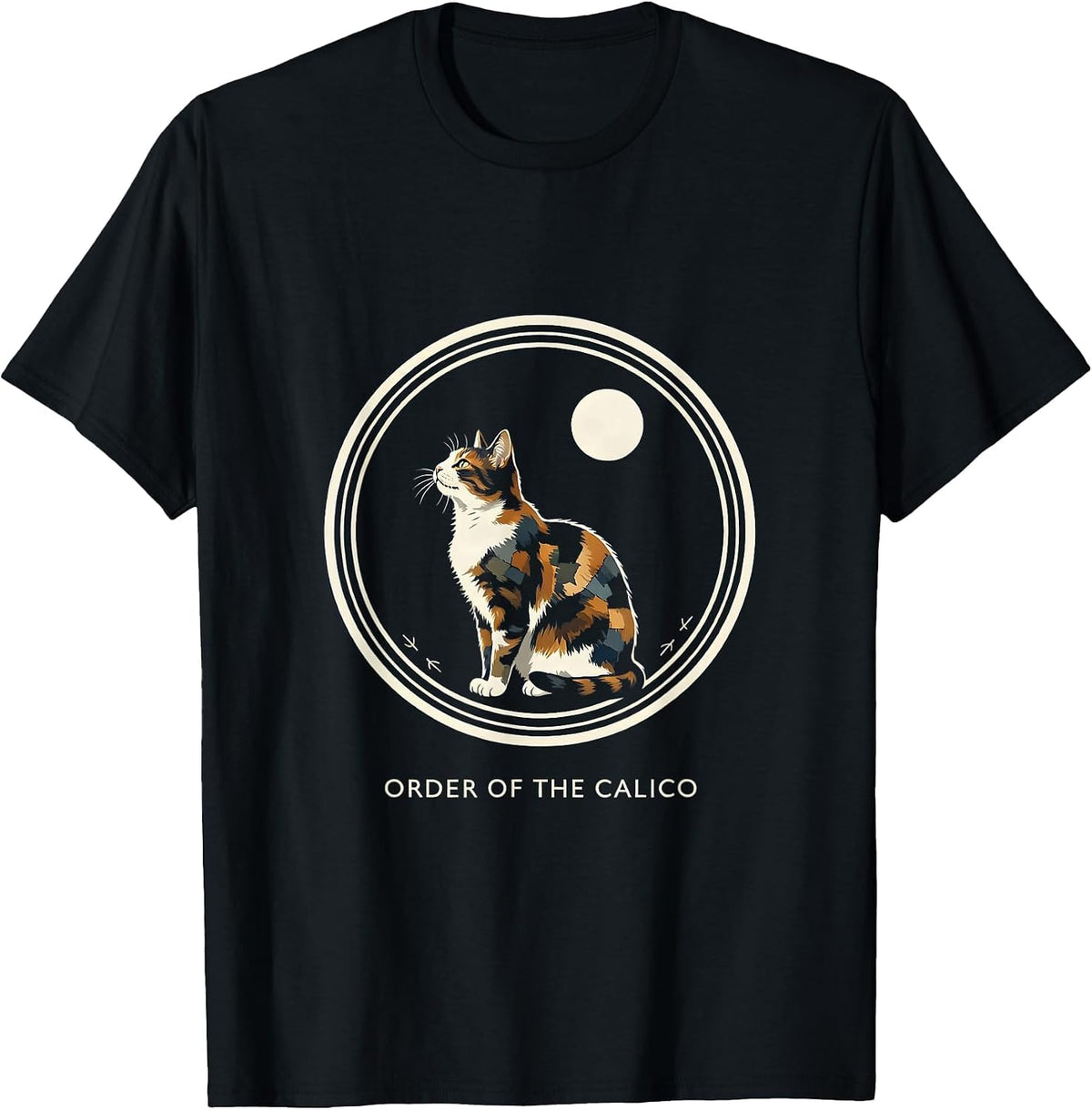 Men's Order Of The Calico Funny Calico Cat Howling At Moon Retro T-Shirt - Black