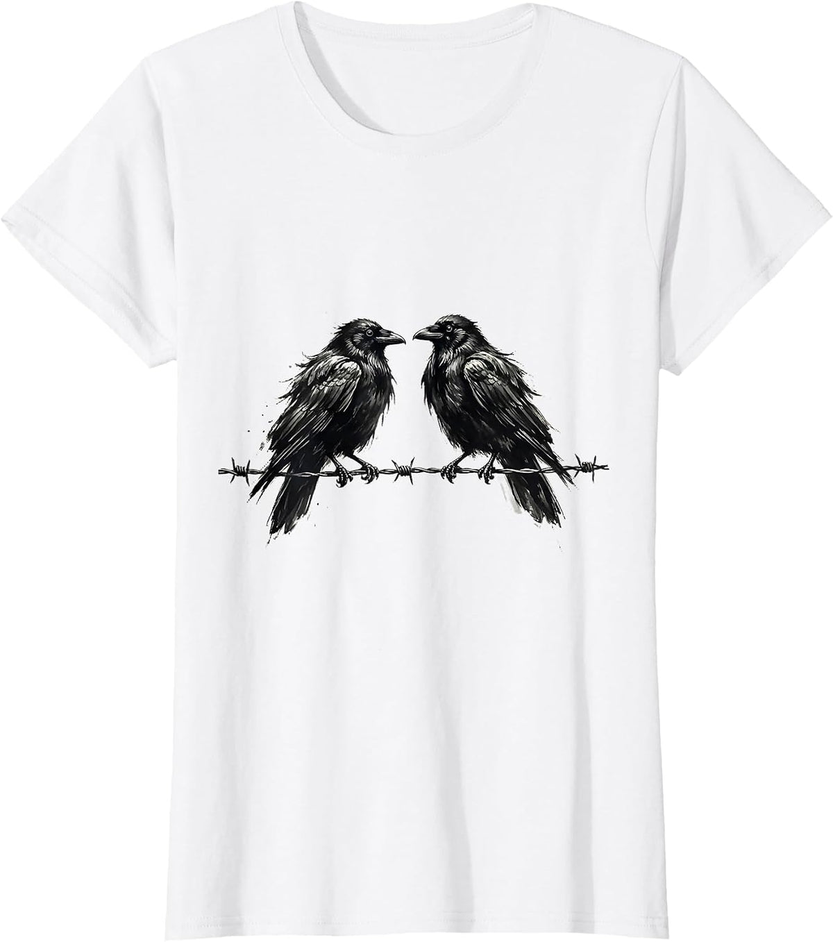 Women's Two Crows on Barbed Wire Illustration T-Shirt - White