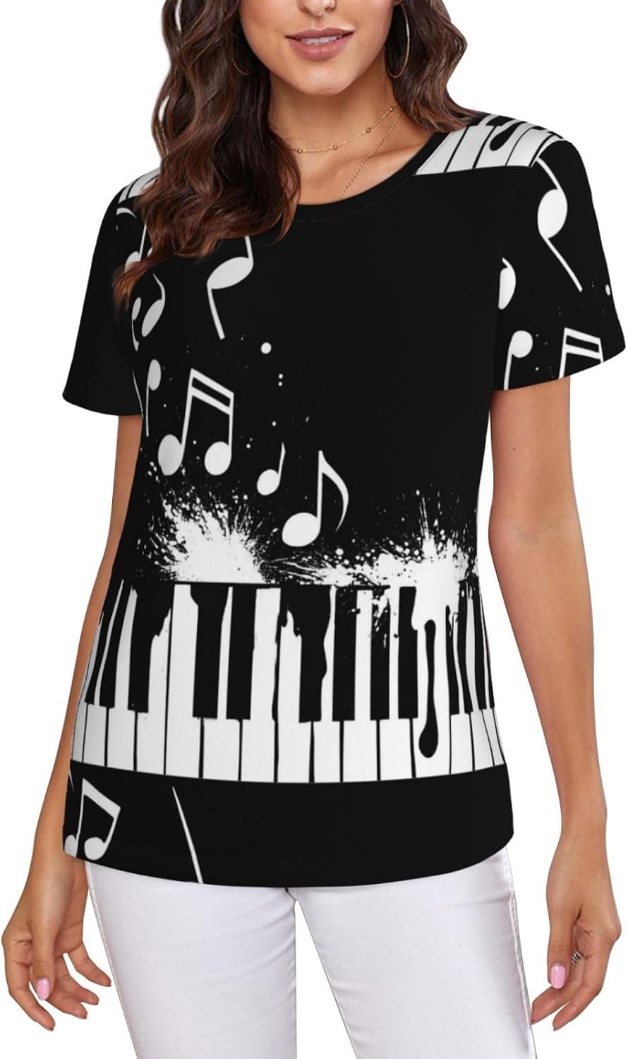 Women's Summer Crew Neck Tops Short Sleeve Full Print Casual Loose Tee - Picture (49)