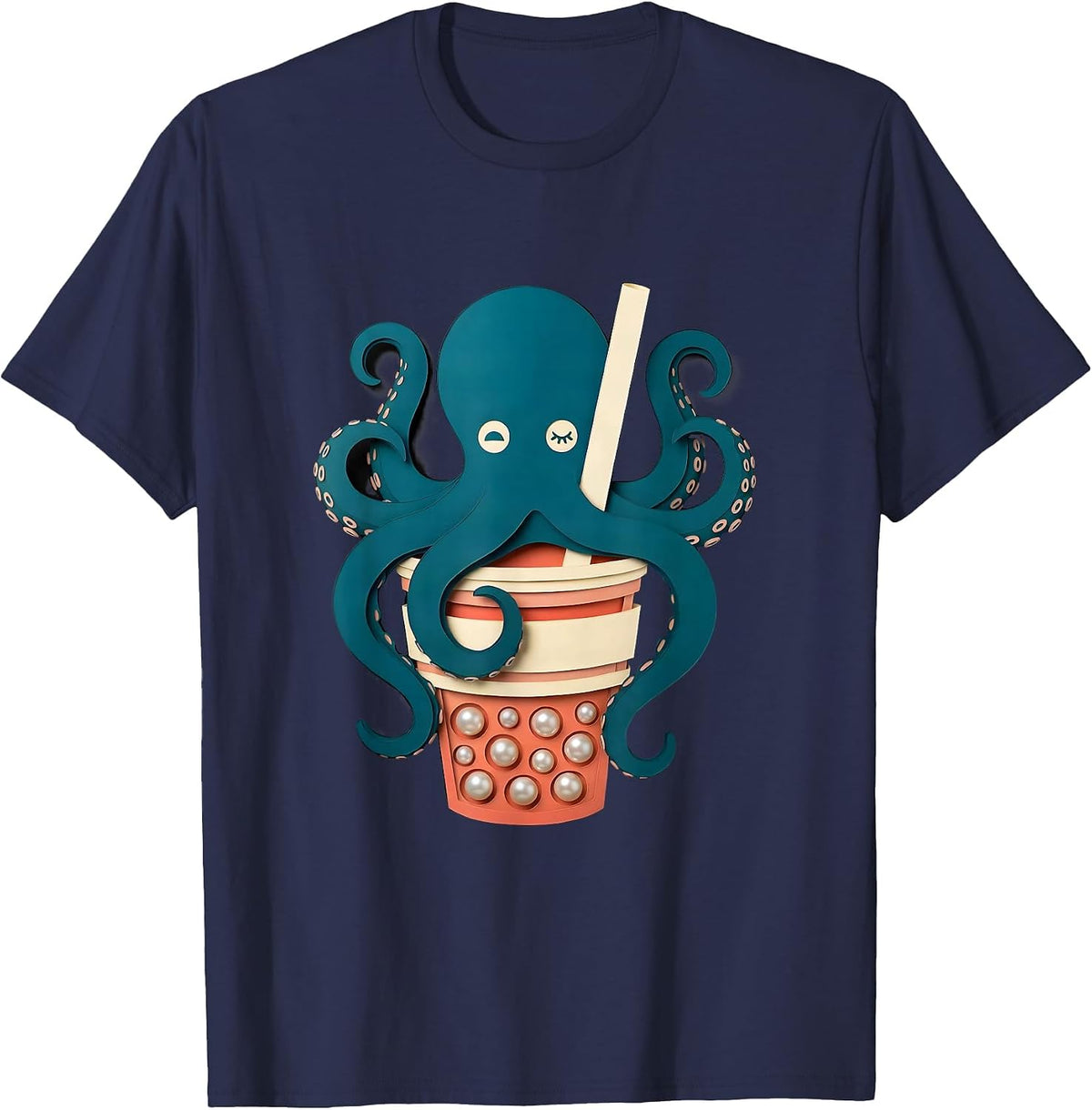 Sleepy Octopus Kawaii Boba Tea Lover T-Shirt - Navy Blue