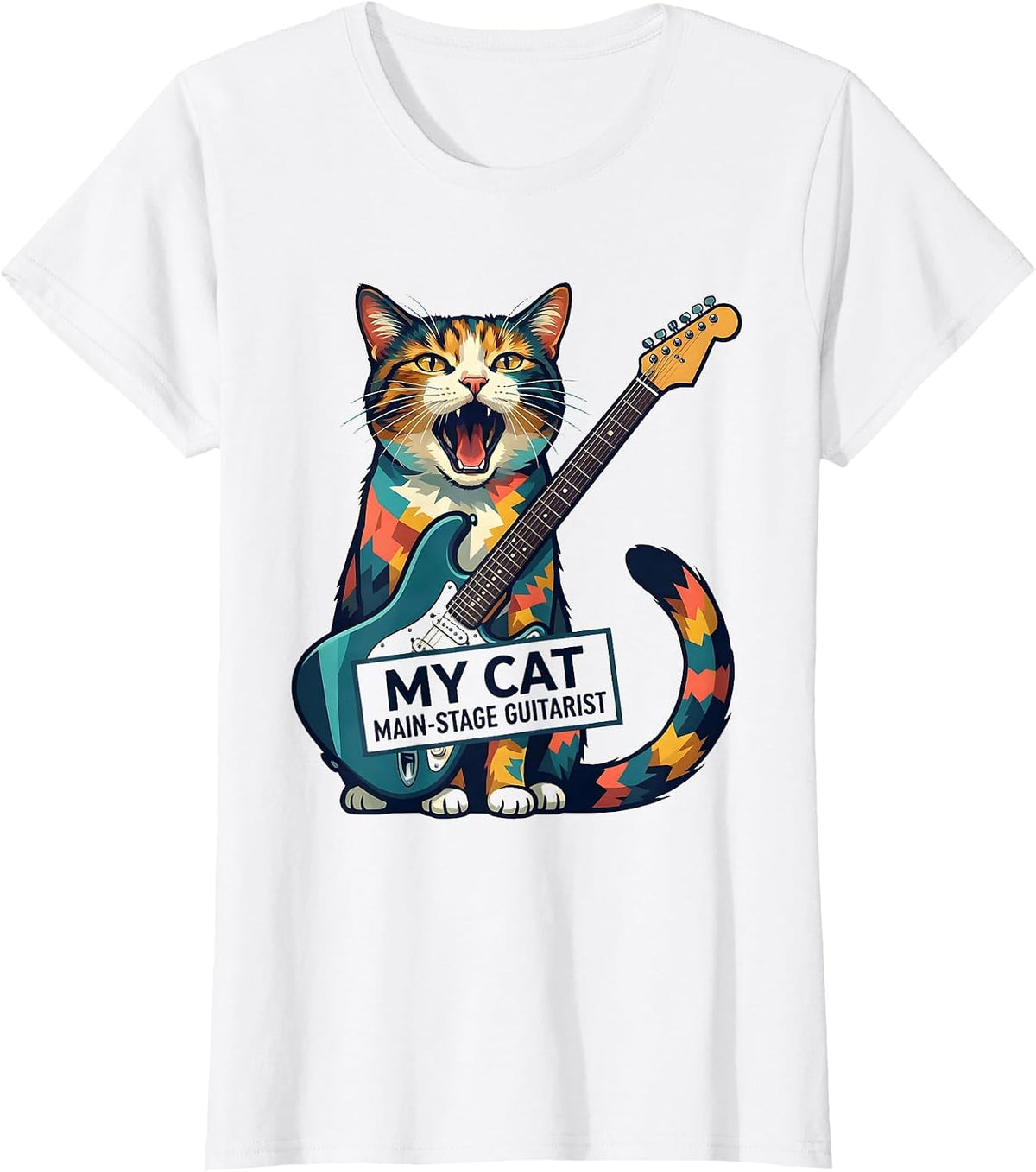 Women's My Cat, Main-Stage Guitarist Funny Rock Star Cat Lover Gift T-Shirt - White