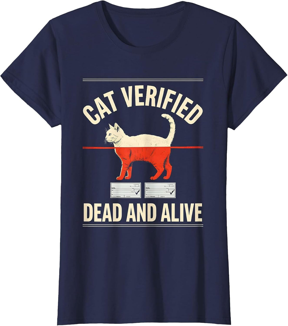 Women's Cat Verified Dead And Alive Funny Quantum Physics Science T-Shirt - Navy Blue