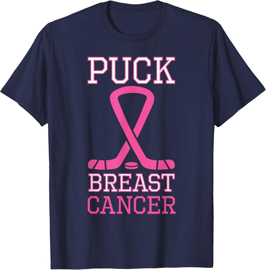 Puck Breast Cancer Pink Ribbon Ice Hockey Cancer Day T-Shirt - Navy Blue