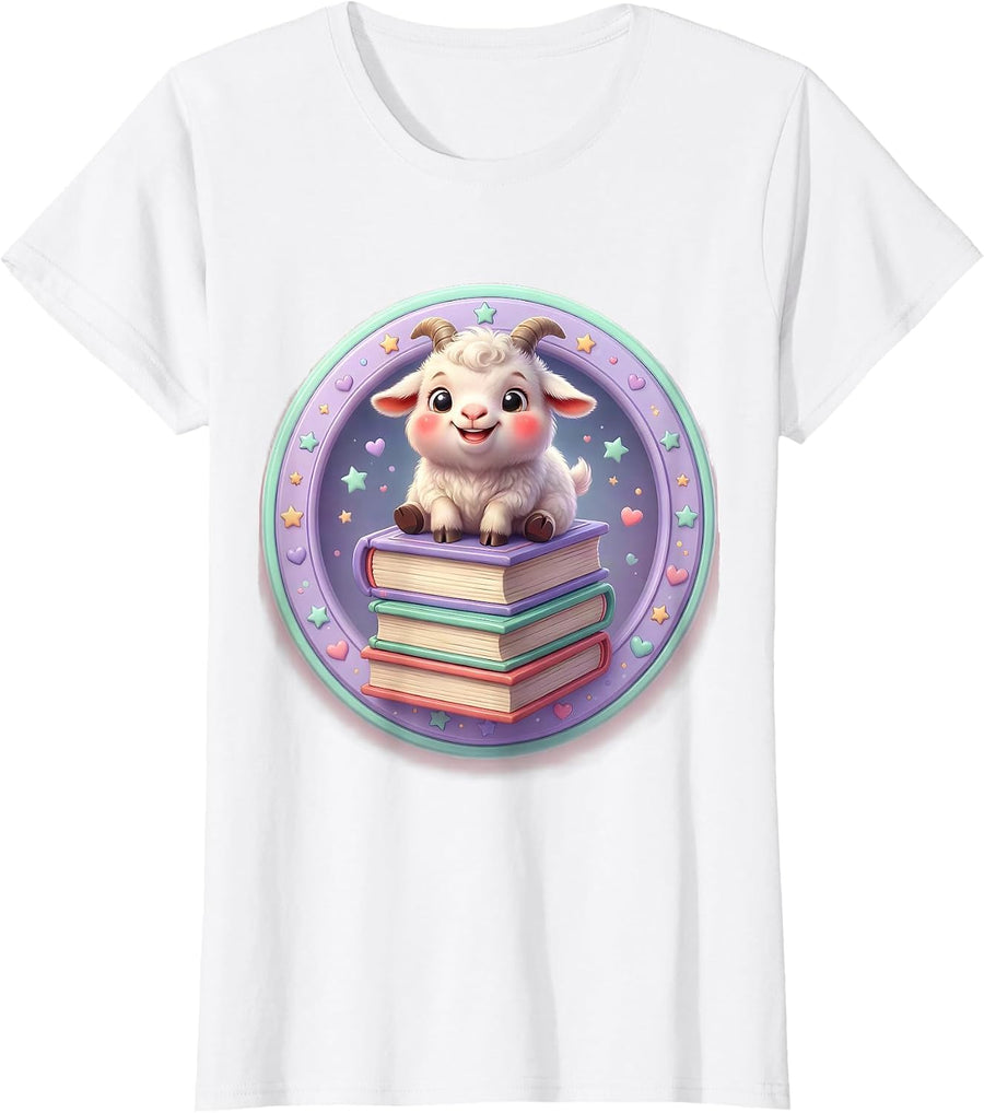 Women's Goat Standing on Stacked Books Illustration T-Shirt - White