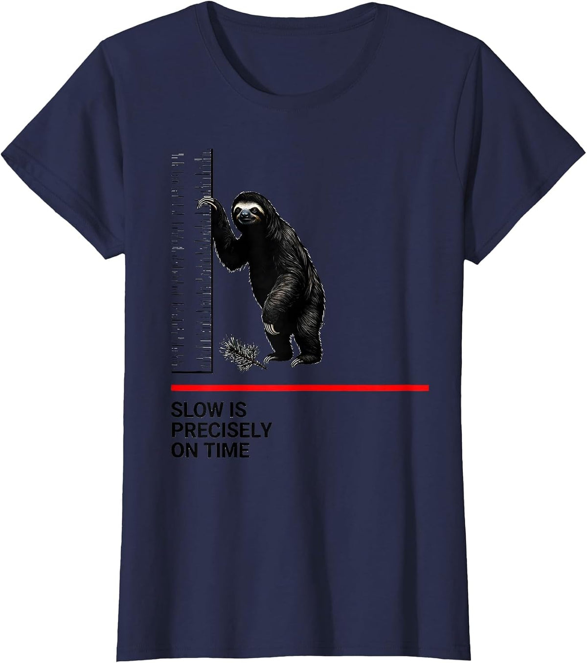 Women's Slow Is Precisely On Time Funny Sloth Lover Ugly Christmas T-Shirt - Navy Blue