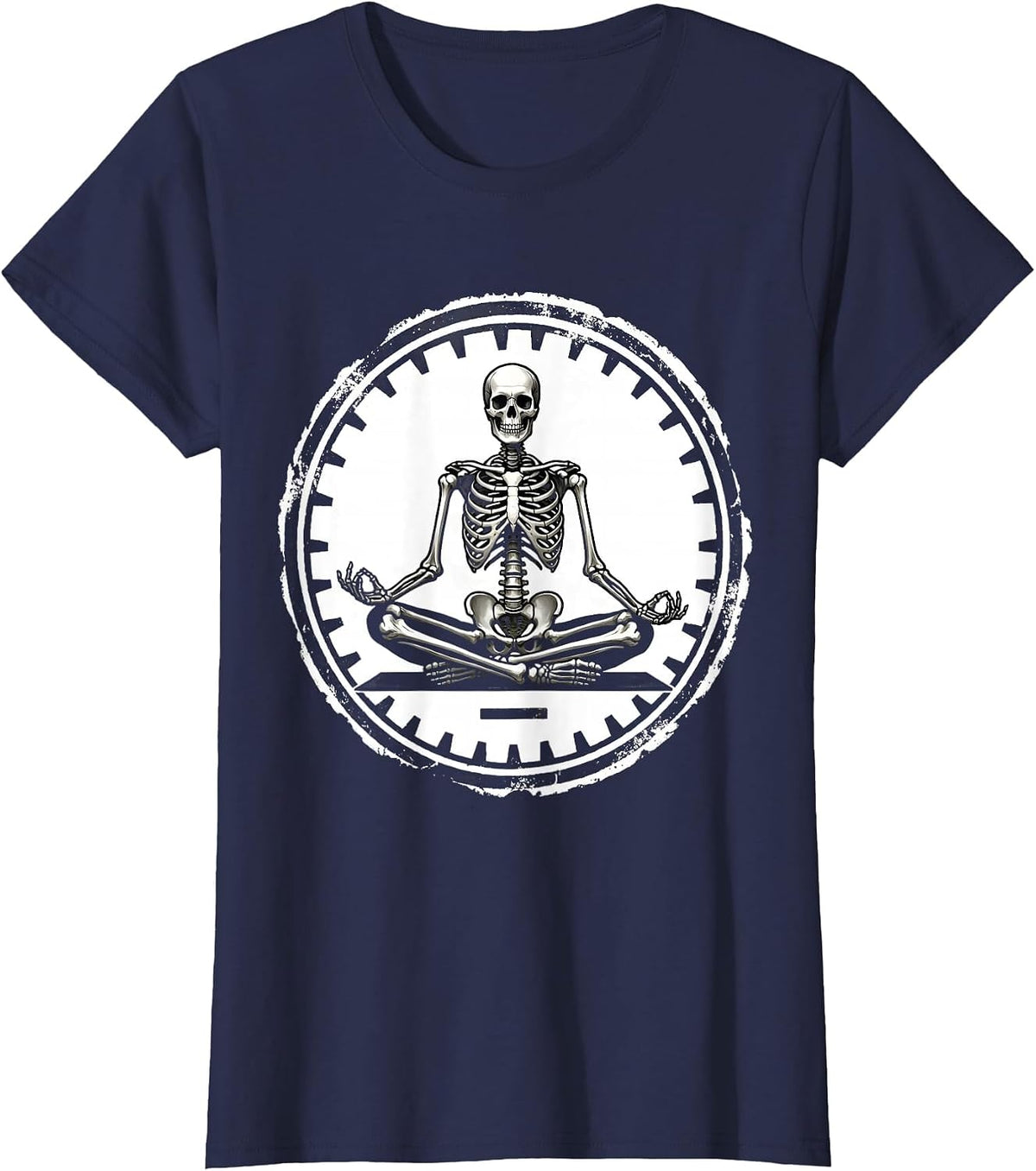 Women's Skeleton Seal Yoga Stamp Dark Humor T-Shirt - Navy Blue