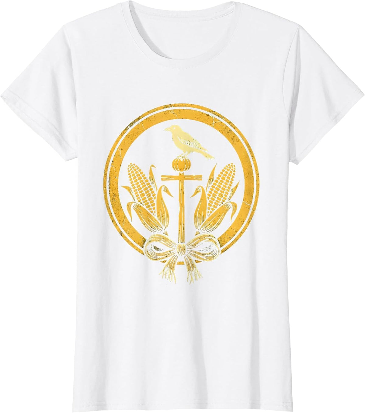Women's Crow on Scarecrow Fall Cornfield Illustration T-Shirt - White