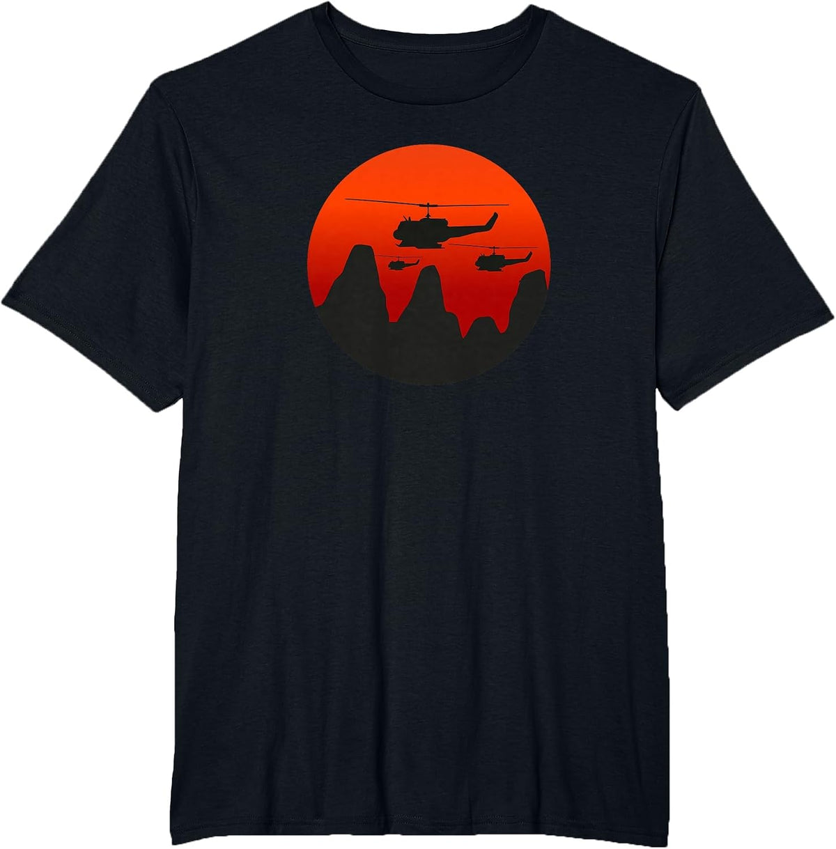 UH-1 Huey Retro Helicopter Vintage Sunset Vietnam Chopper T-Shirt - Black