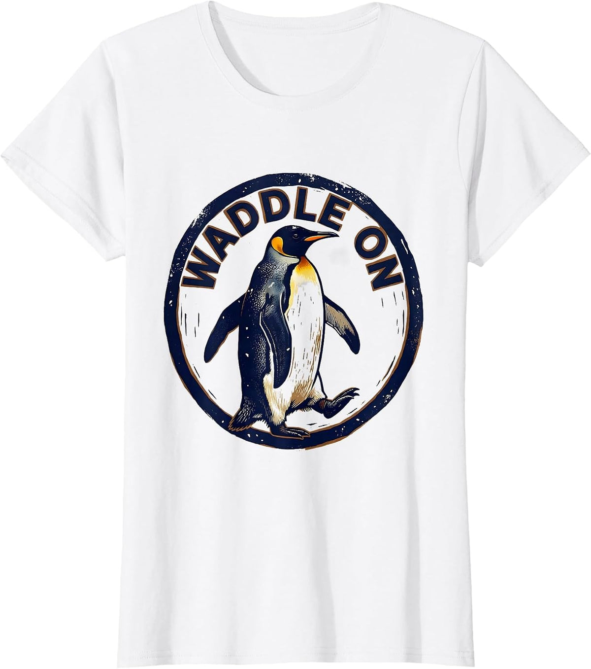 Waddle On Linocut Penguin Lover Humor Animal Enthusiast T-Shirt - White