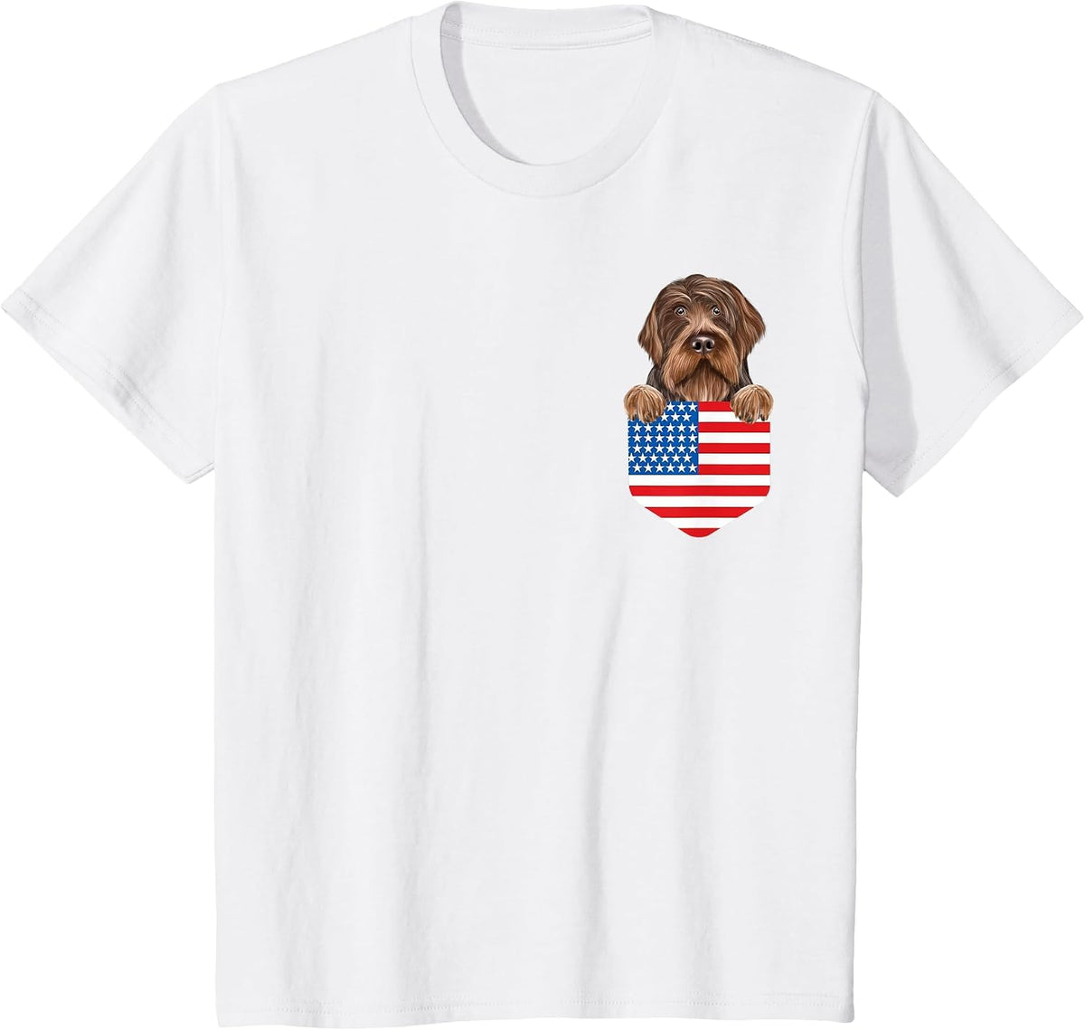 America Flag Wirehaired Pointing Griffon Dog in Pocket T-Shirt - White
