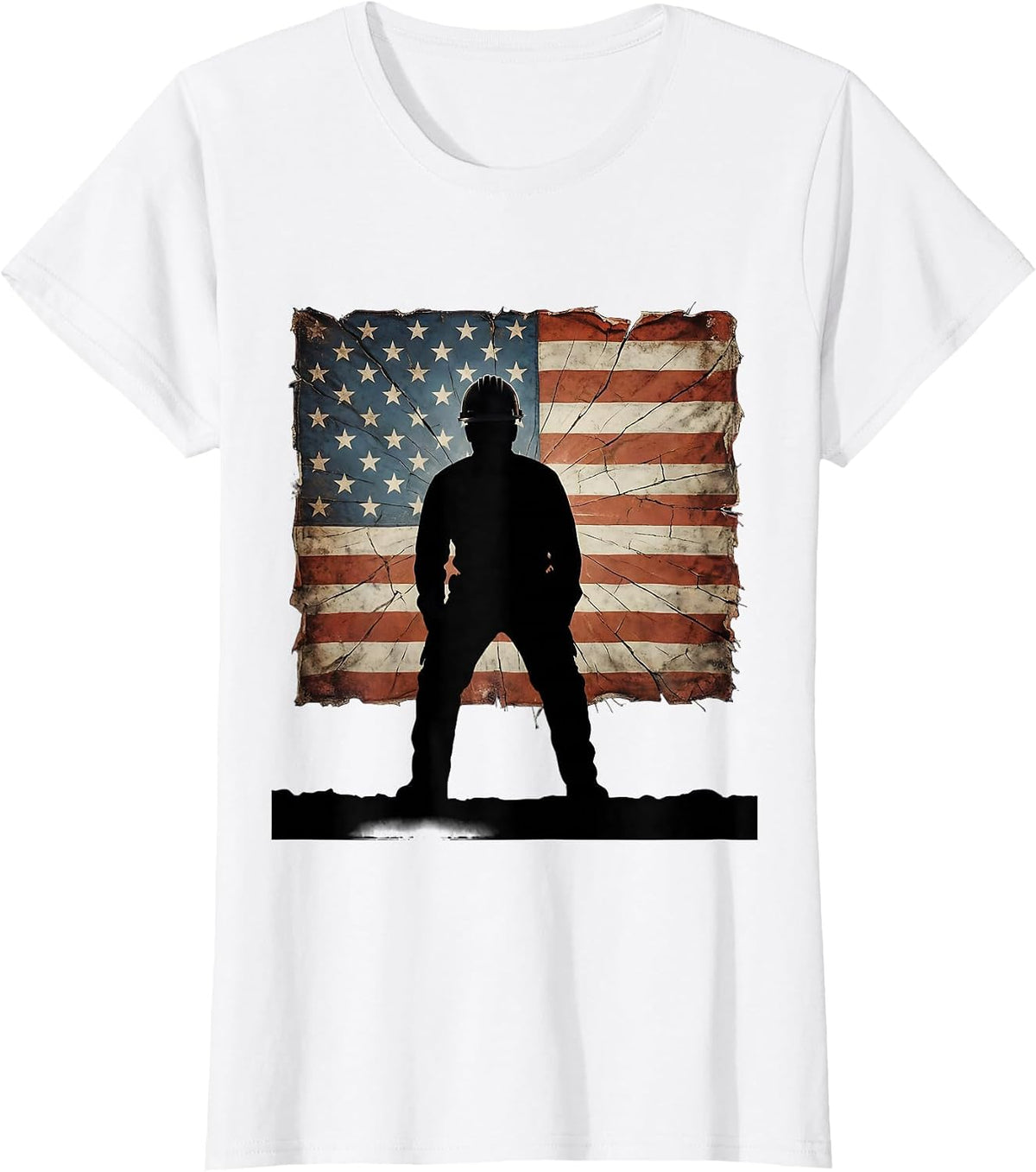 Construction Worker Hard Hat American Flag Patch T-Shirt - White