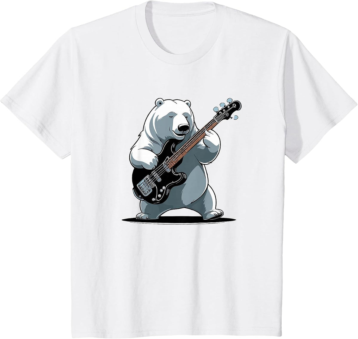 Bear Playing Bass Guitar, Polar Bear Guitarist T-Shirt - White