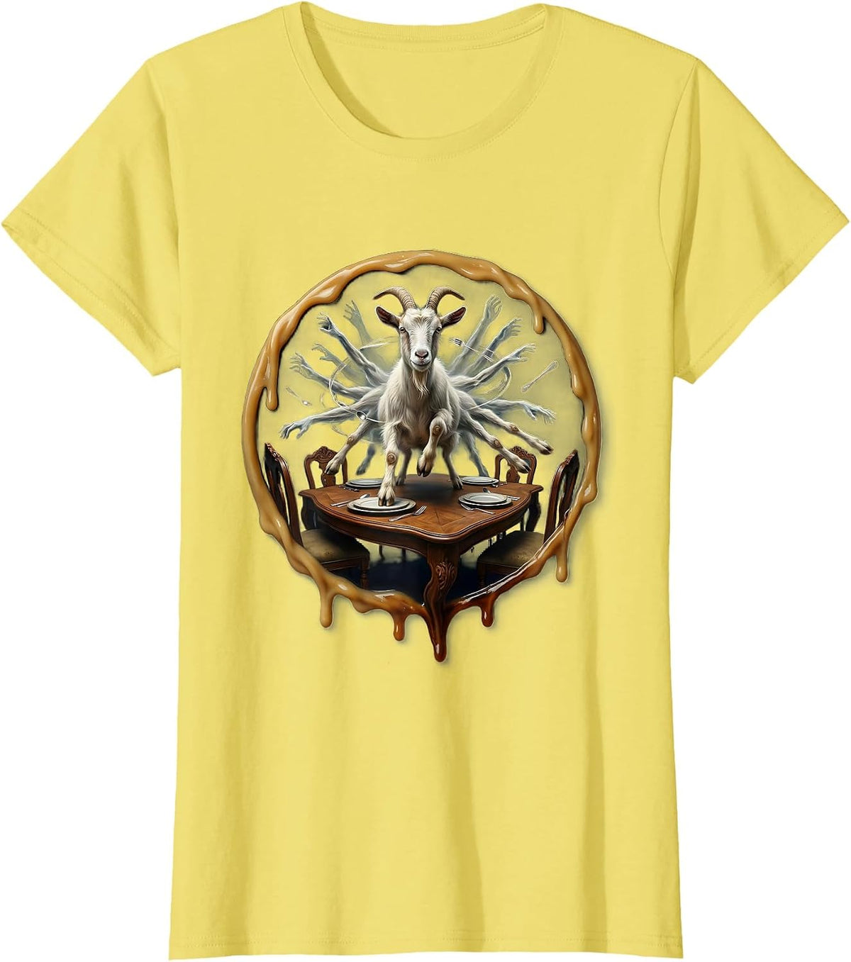 Unhinged Goat Dining Table Rampage Illustration T-Shirt - Lemon Yellow