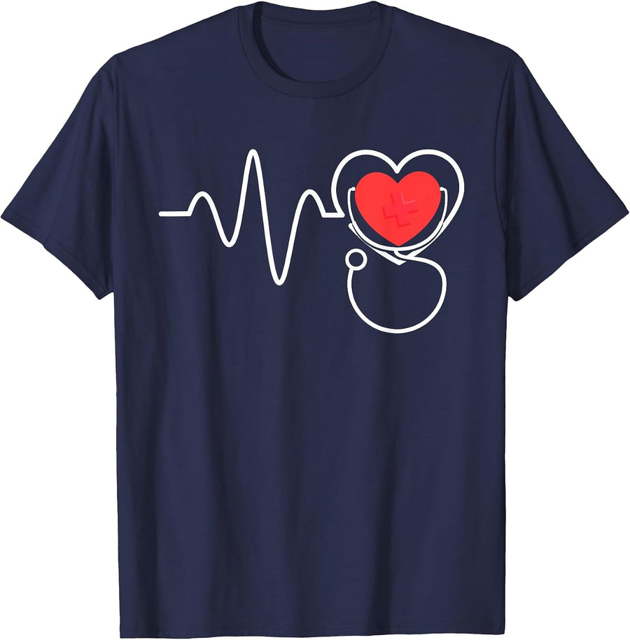 Nursing Stethoscope Heartbeat Nurse T-Shirt Tee for Nurses Men Women - Navy Blue