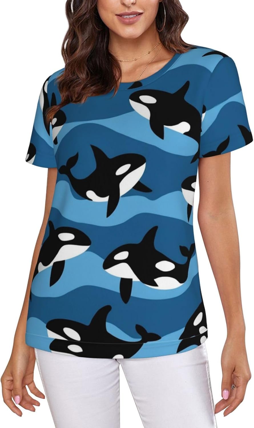 Women's Summer Crew Neck Tops Short Sleeve Full Print Casual Loose Tee - Picture (46)