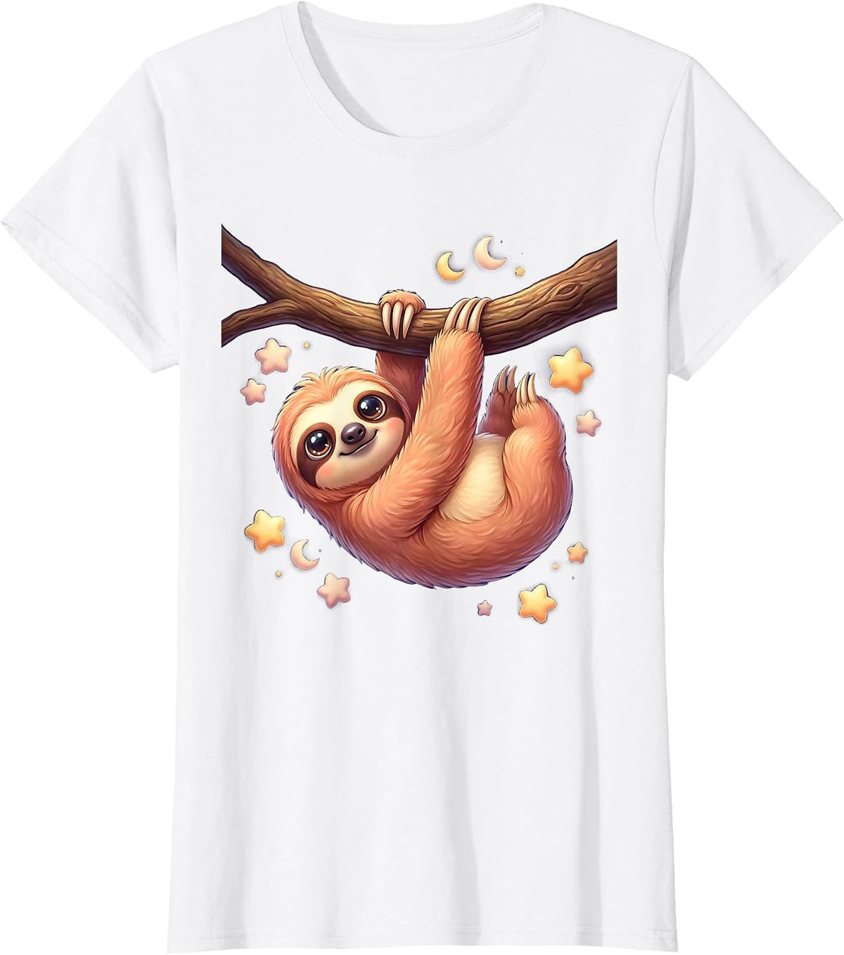 Women's Sloth Hanging From Branch Under Starry Night Sky T-Shirt - White