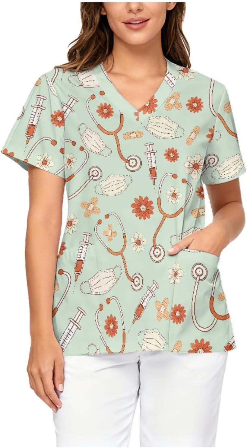V Neck Scrub Tops Short Sleeve Nursing Uniforms - Floral Stethoscope