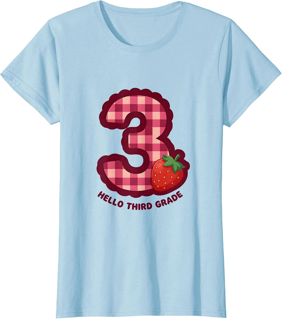 Women's Hello Third Grade Cute Gingham Picnic Teacher Student Back T-Shirt - Baby Blue