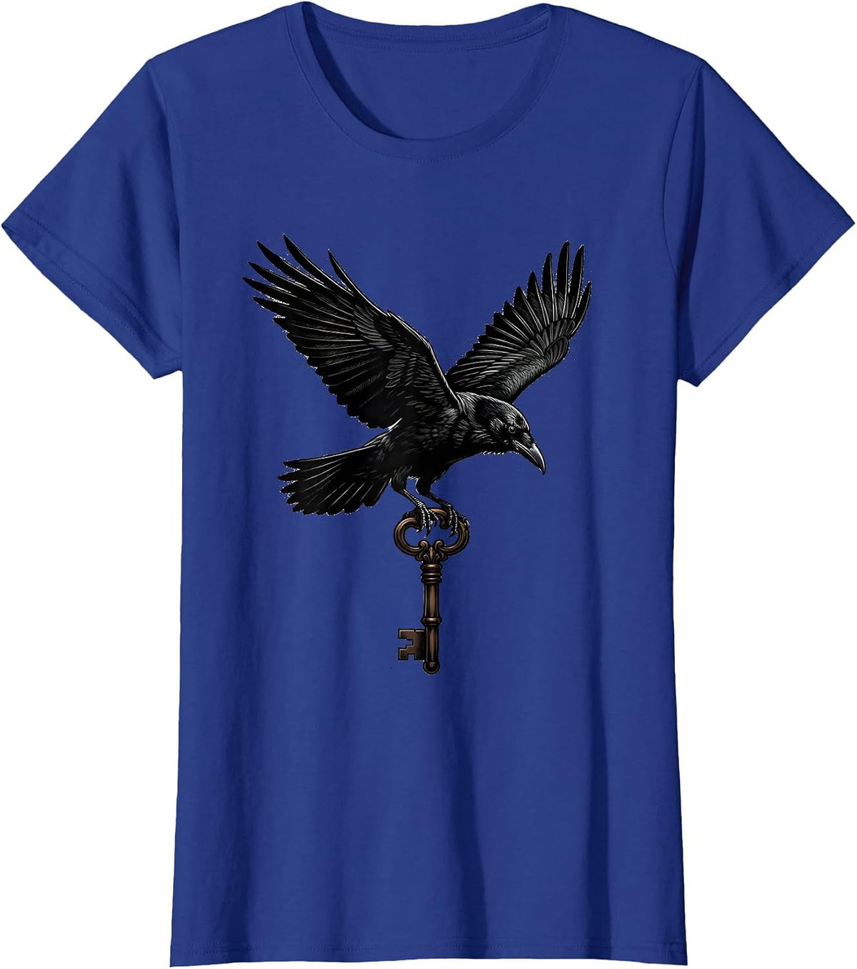 Women's Crow in Flight Clutching a Key Graphic Design T-Shirt - Royal Blue