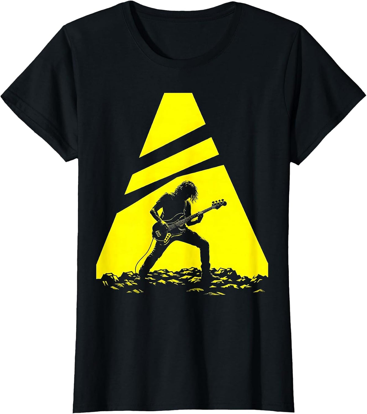 Women's 90s Bassist Spotlight Silhouette Rock Music Design T-Shirt - Black
