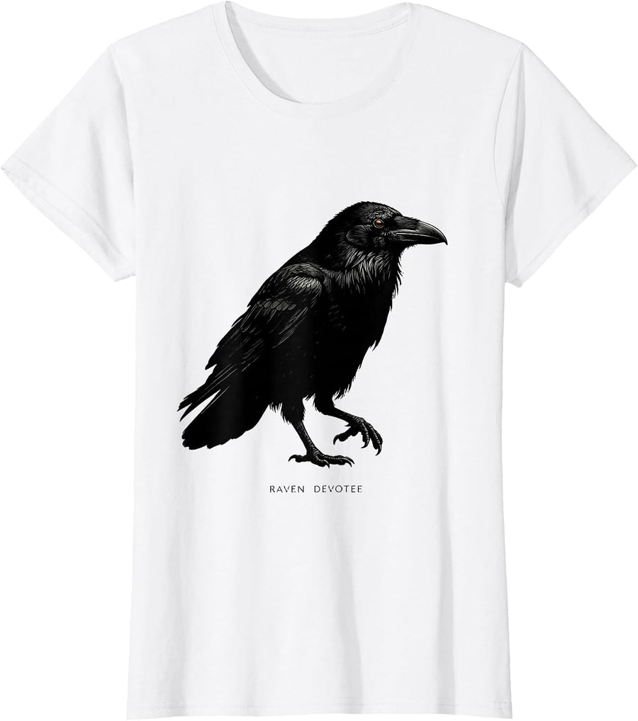 Women's Raven Devotee Gothic Bird Art Crow Silhouette T-Shirt - White