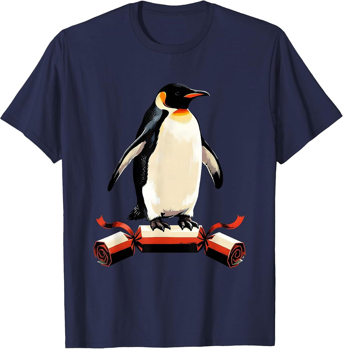 Men's Penguin Bursting From Cracker Funny Christmas Humor T-Shirt - Navy Blue